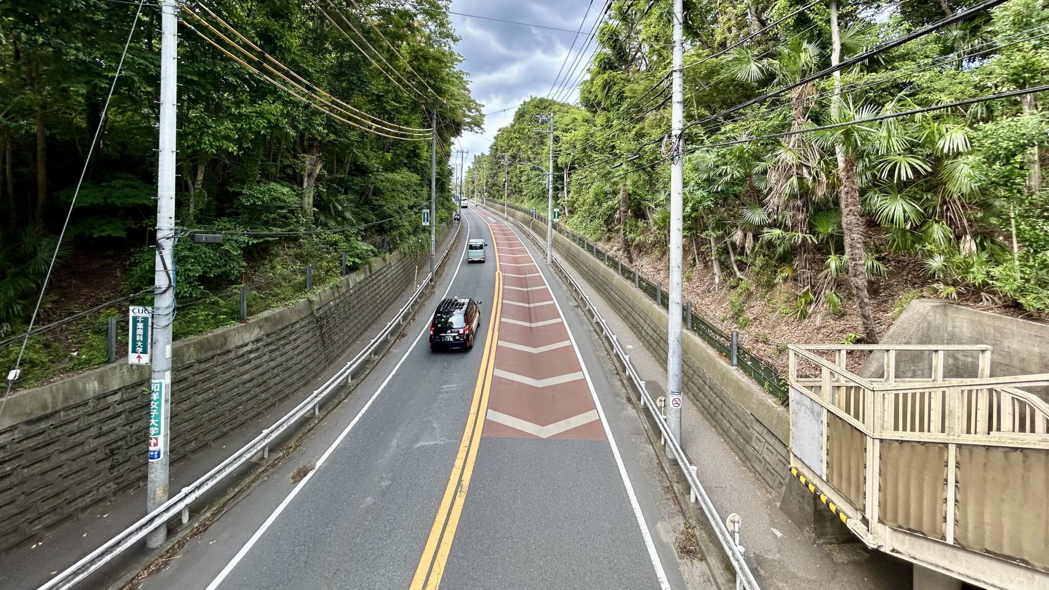 松戸街道を歩道橋で渡って国府台台地へ